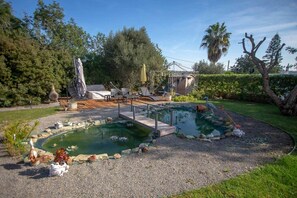 A backyard with a small pond, outdoor seating, and a wooden deck.
