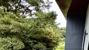An outdoor patio with a table and chairs, surrounded by lush greenery and a view of the sky. - Biofilia Monteverde (Monteverde)