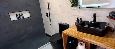 Shower, hair dryer, slippers, bidet