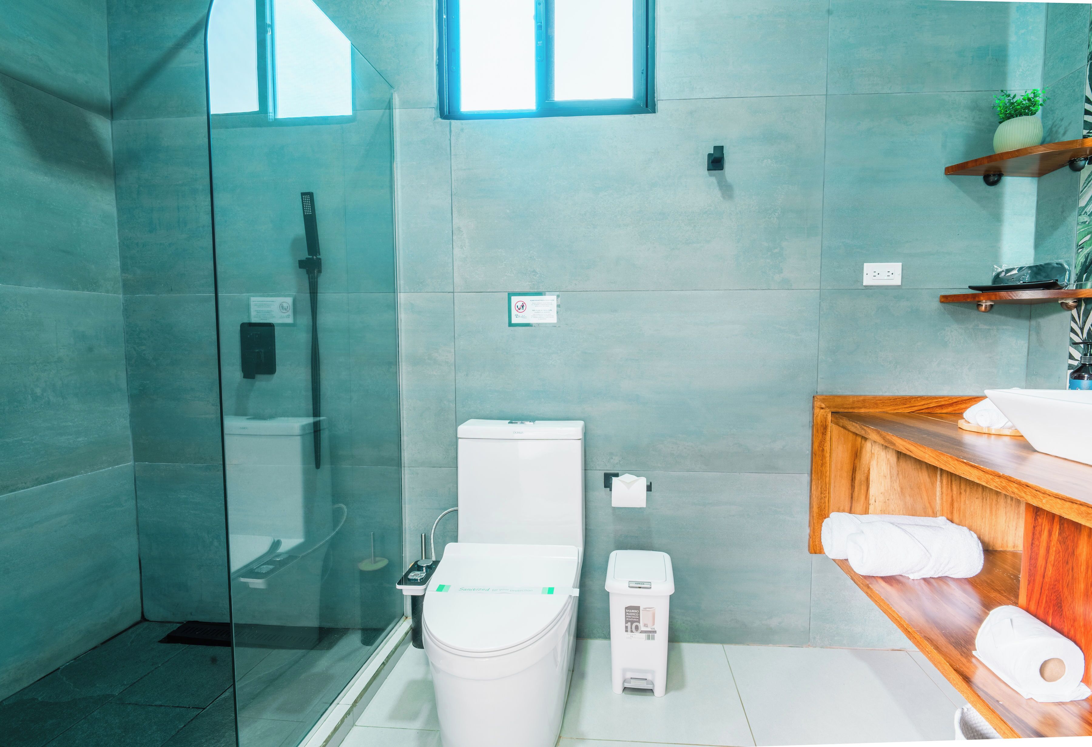 A bathroom with a glass shower enclosure, a toilet, a bidet, and a wooden vanity with a sink and towel rack.