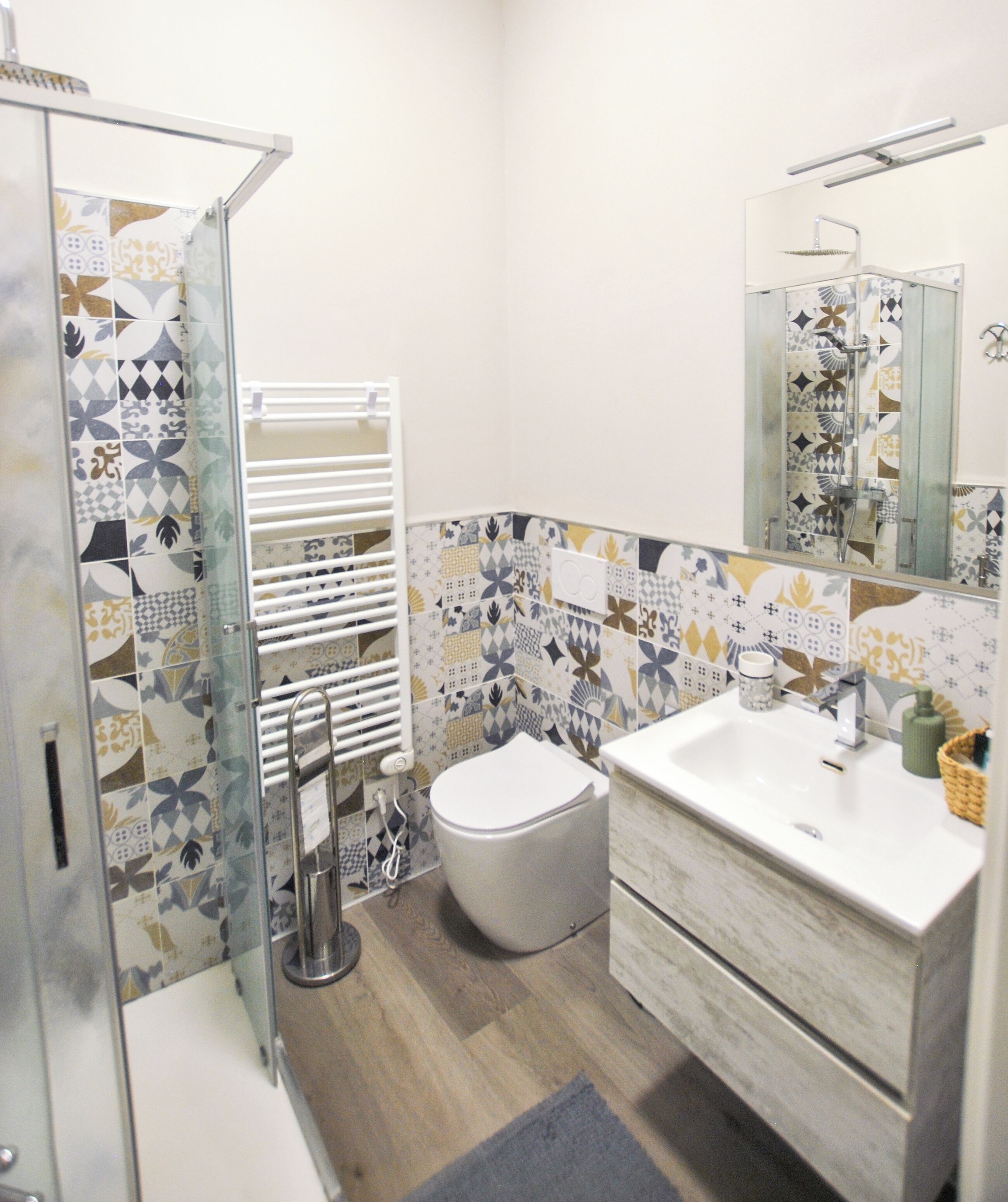 Shower, hair dryer, bidet, towels