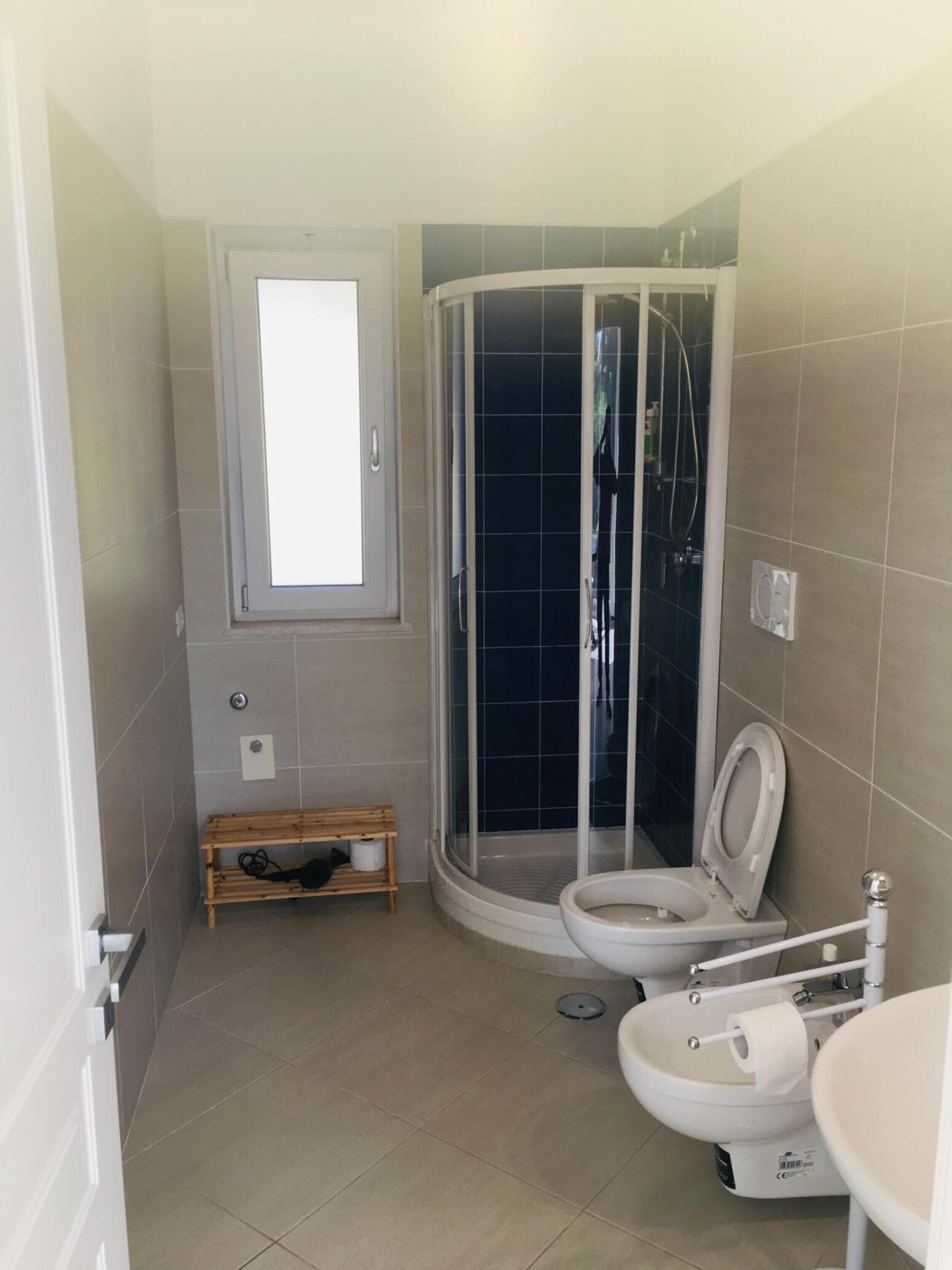 Shower, hair dryer, towels