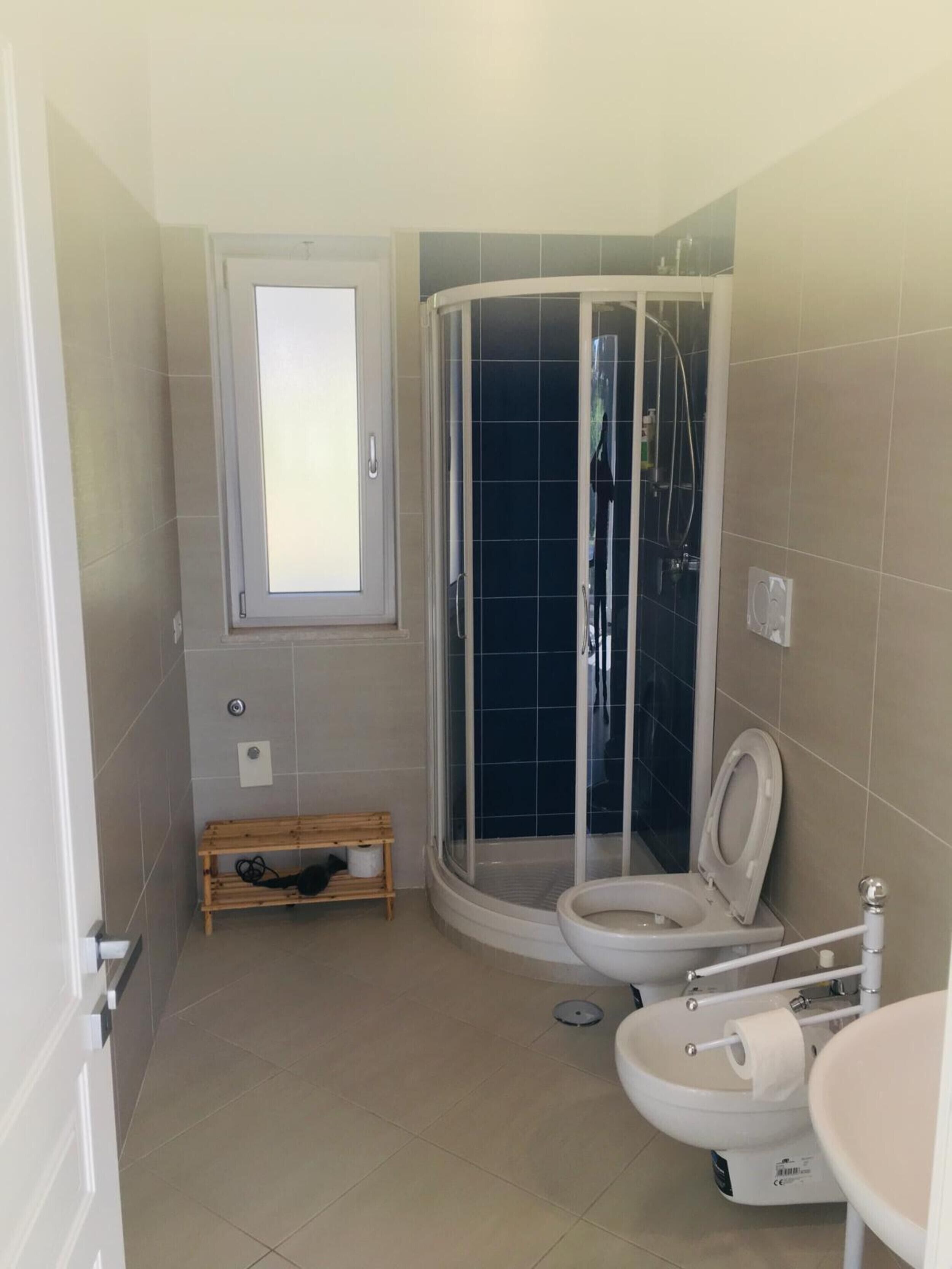 Shower, hair dryer, towels