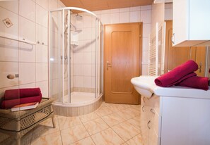 Regadera, secadora de cabello, toallas, papel de baño 