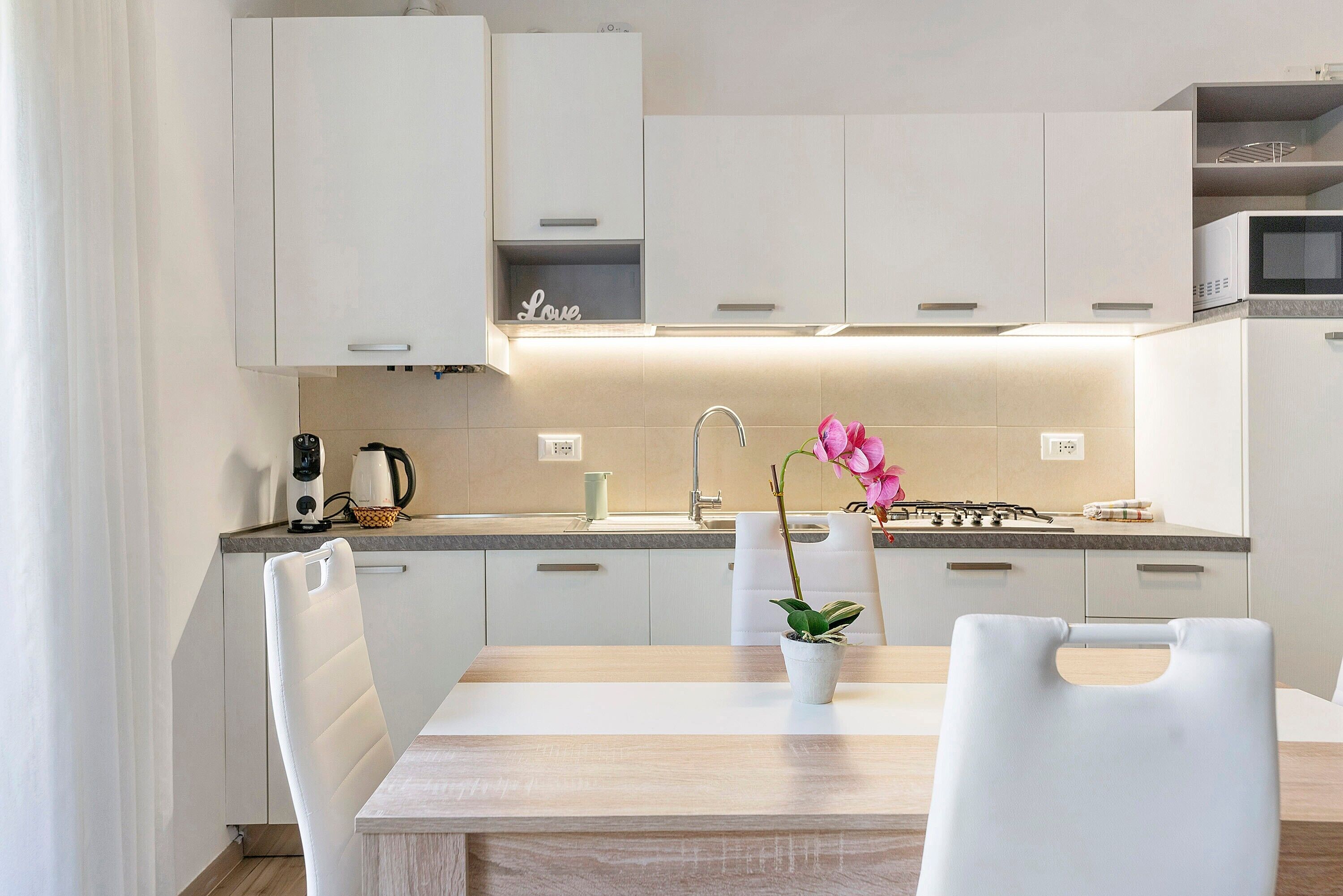 Frigorífico, microondas, placa de cocina y lavavajillas