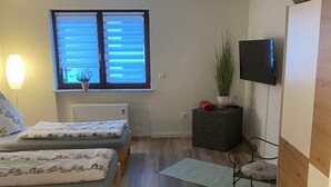 A bedroom with two beds, a window with blinds, a radiator, a TV, a plant, and a chair. - Newly renovated apartment in the center of Hirschhorn / Neckar directly on the Neckarsteig (Hirschhorn)