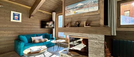 Smart TV, fireplace, books