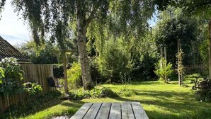Eine Holzterrasse mit einem Picknicktisch in einem üppigen Garten.