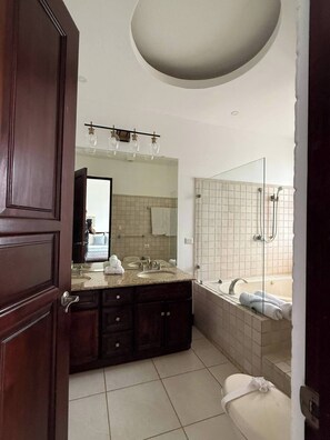 Chuveiro, secador de cabelo, toalhas de banho, sabonete