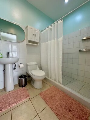 Ein Badezimmer mit weißem Waschbecken, Toilette und Dusche. Über dem Waschbecken hängt ein Spiegel, ein Mülleimer steht bereit und auf dem Boden liegt eine rosa Fußmatte.