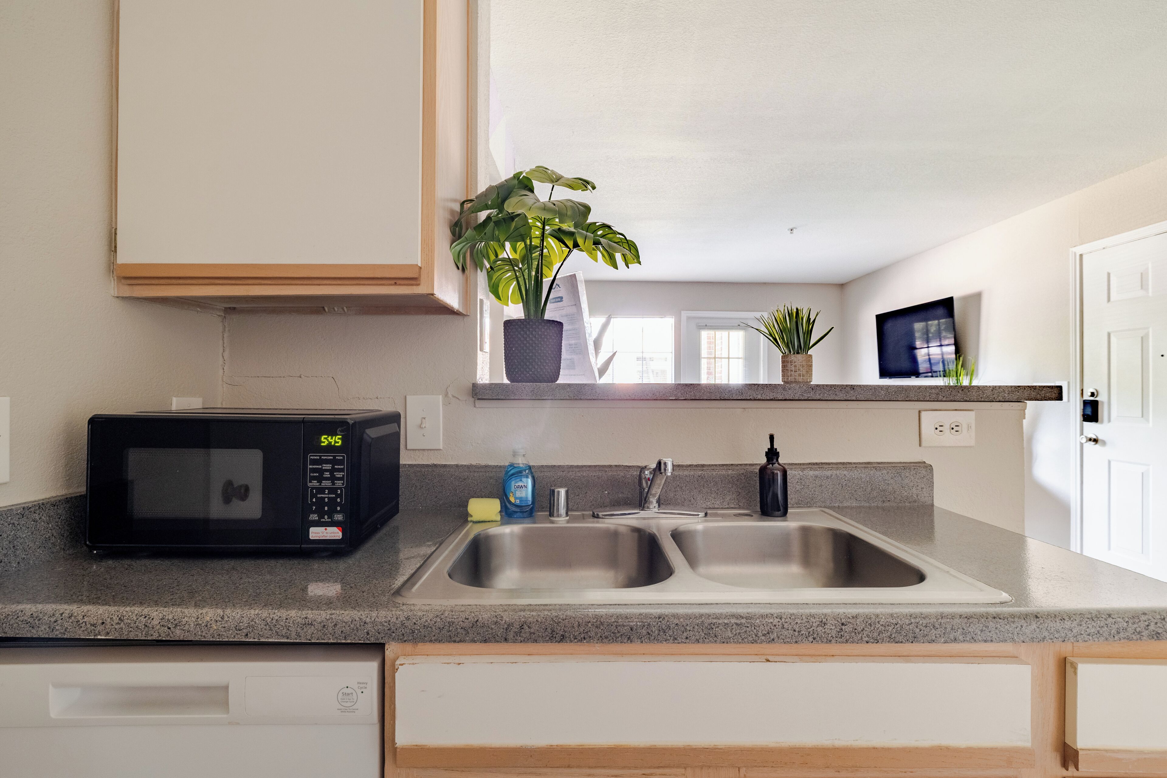 Una cocina con microondas, pileta doble y plantas en macetas.