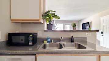 Una cocina con microondas, pileta doble y plantas en macetas.