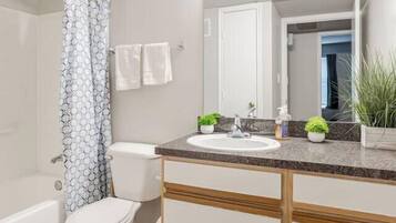 Hair dryer, towels, soap, shampoo