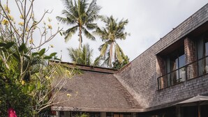 A modern house with a swimming pool, surrounded by lush tropical plants and palm trees. - Boutique 6-bedroom Villa The Wing in wonderful Ubud Bali incl. Concierge Service (Ubud)