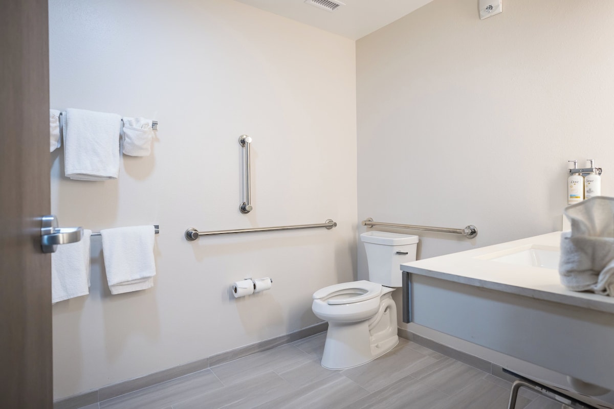 A bathroom with a toilet, handrails, a towel rack, and a sink.