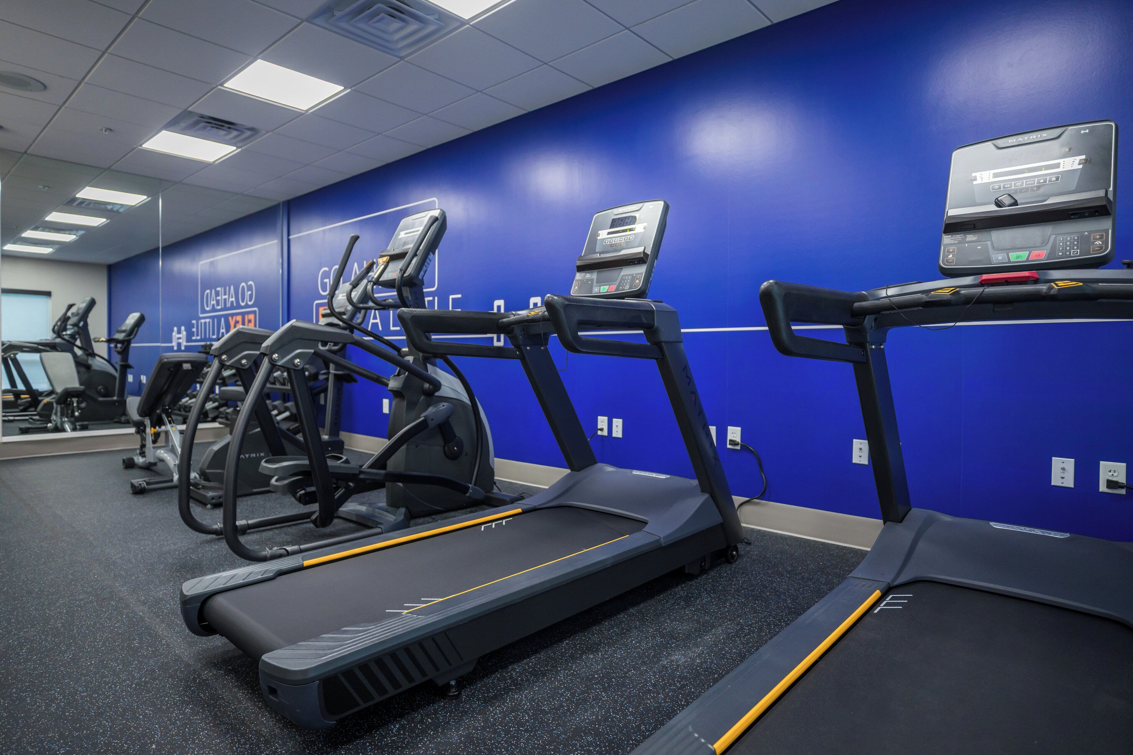 Ein Fitnessstudio mit Laufbändern, Ergometer und einer Spiegelwand.