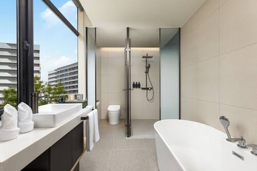 Hair dryer, slippers, towels, shampoo