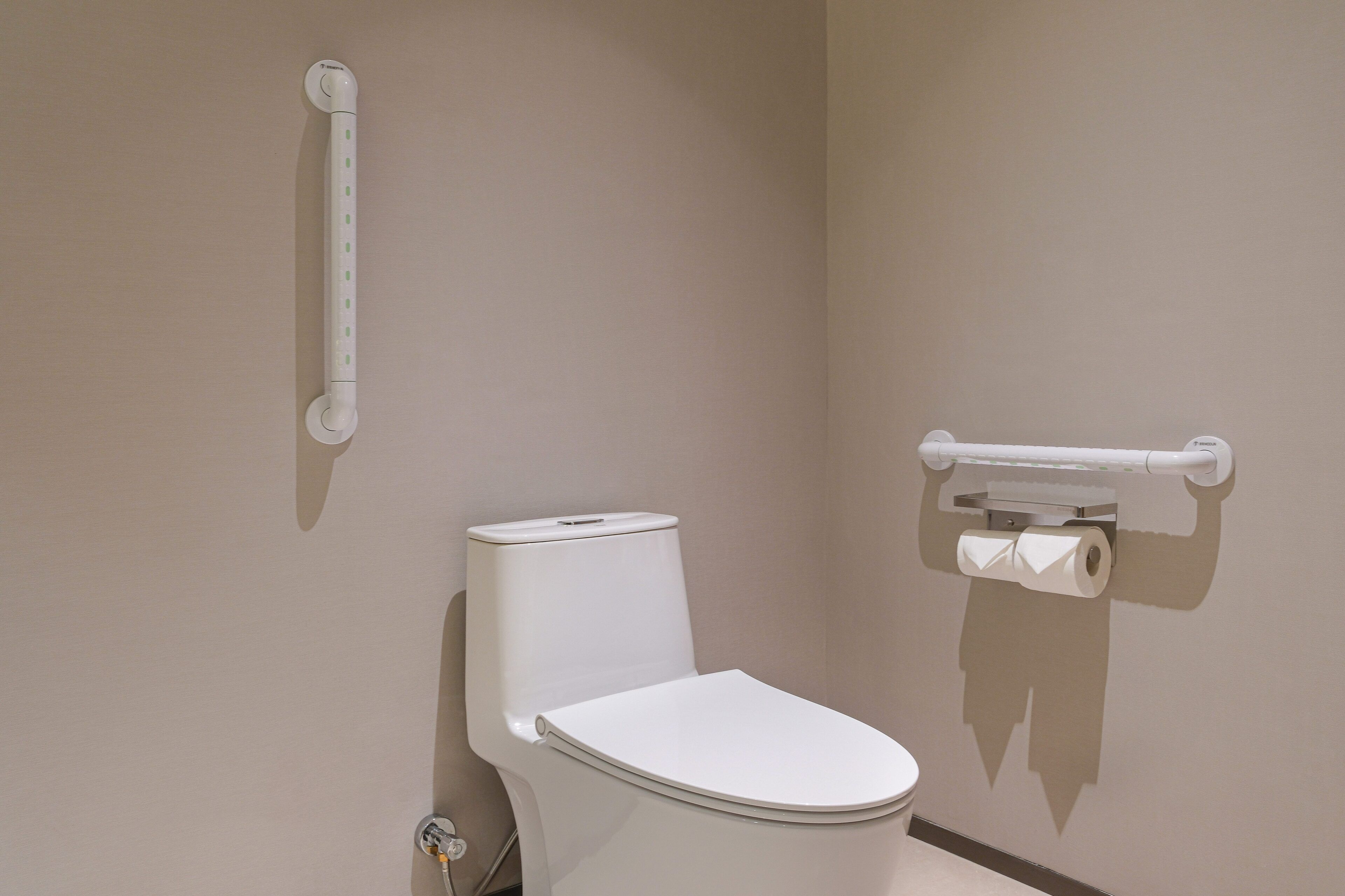 Une salle de bain moderne avec des toilettes blanches, une barre d'appui et un porte-rouleau de papier toilette.
