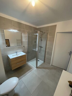 Dusche, Haartrockner, Handtücher, Toilettenpapier