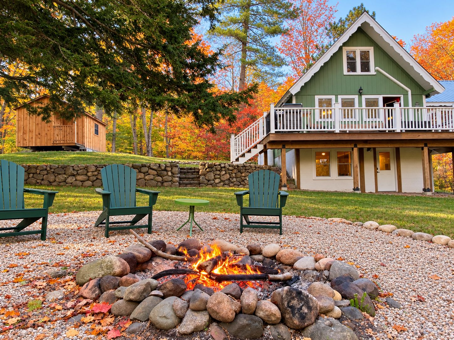 A cabin with a stone wall, a fire pit, and Adirondack chairs.