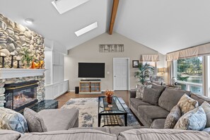 TV, fireplace, books