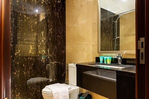 Hair dryer, towels, soap, toilet paper