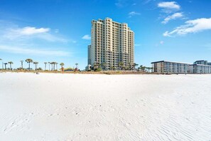 A beachfront hotel with a high-rise structure, sandy beach, and palm trees.