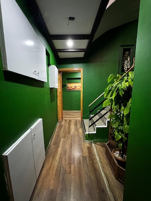 Un couloir aux murs verts, avec un plancher en bois, une armoire blanche, un escalier et une plante en pot.