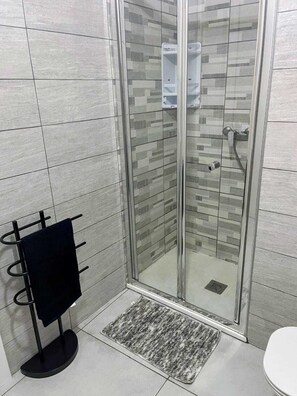 Regadera, toallas, jabón, papel de baño 