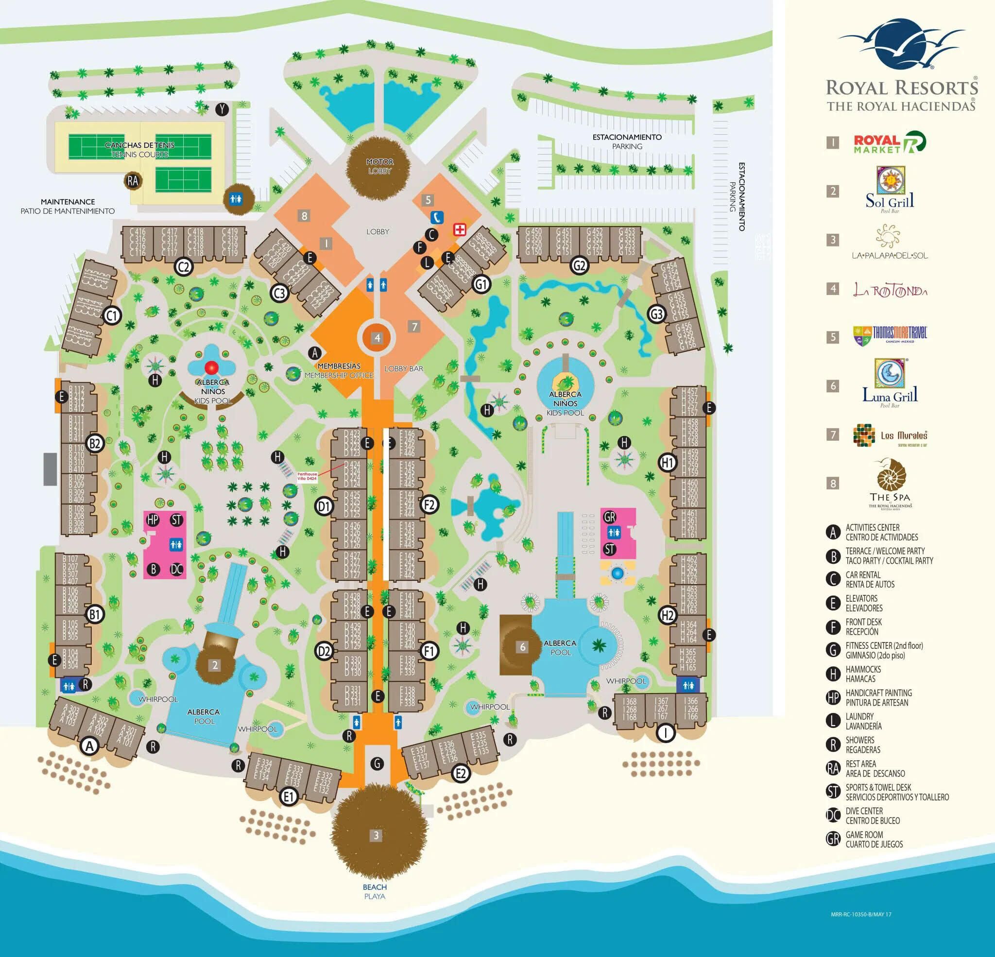 A detailed layout of a resort with amenities like a pool, kids' pool, beach, and various dining options.
