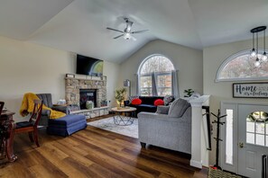 TV, fireplace, books
