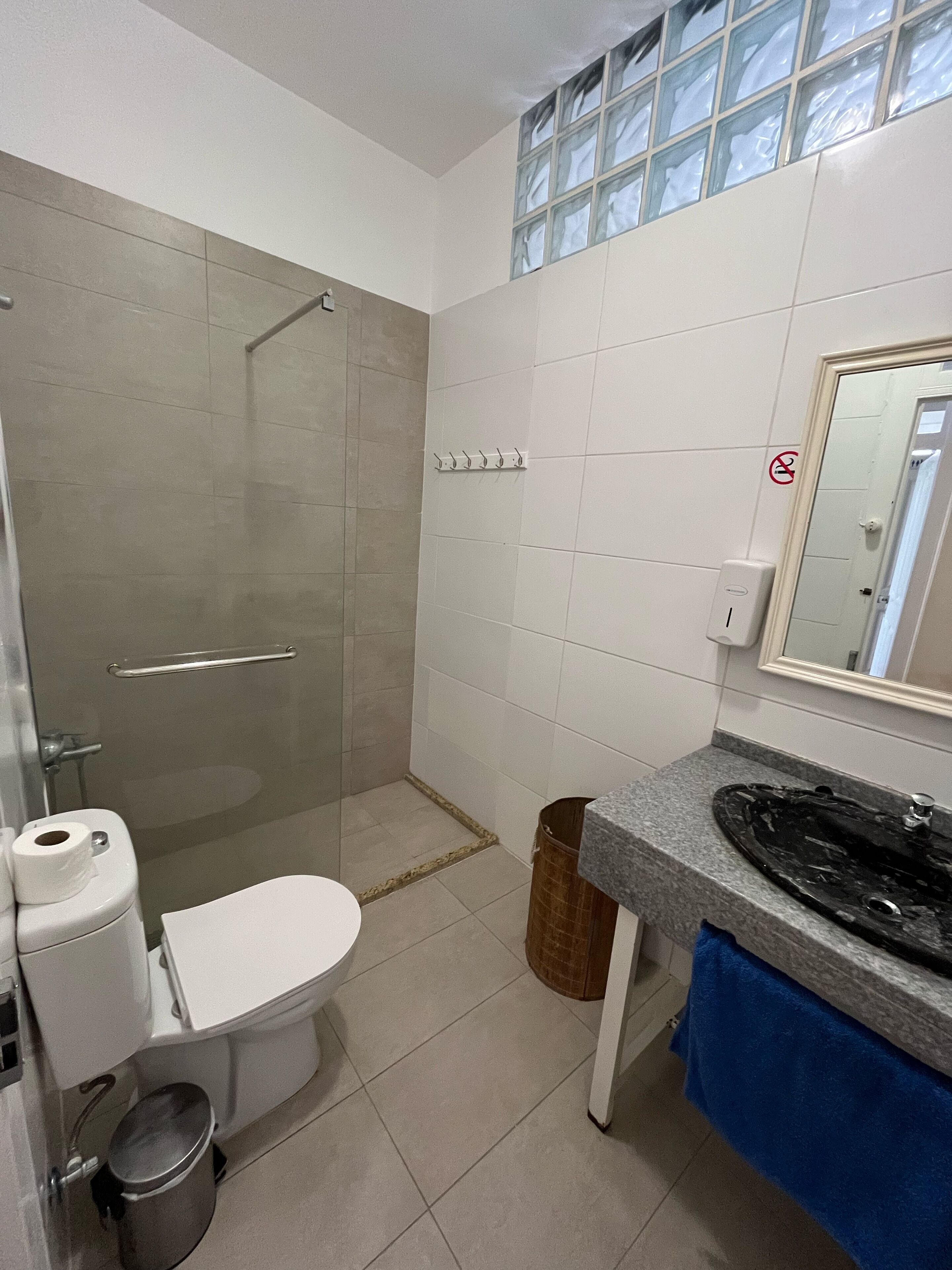 A bathroom with a toilet, shower, and sink.