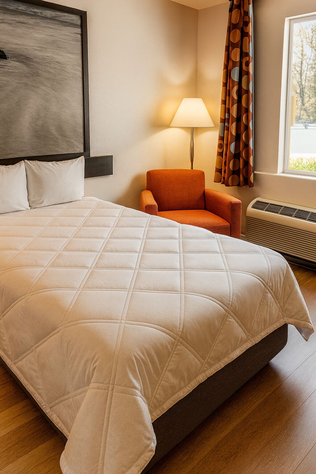A hotel room with a large bed, an orange armchair, a standing lamp, and a window with curtains.
