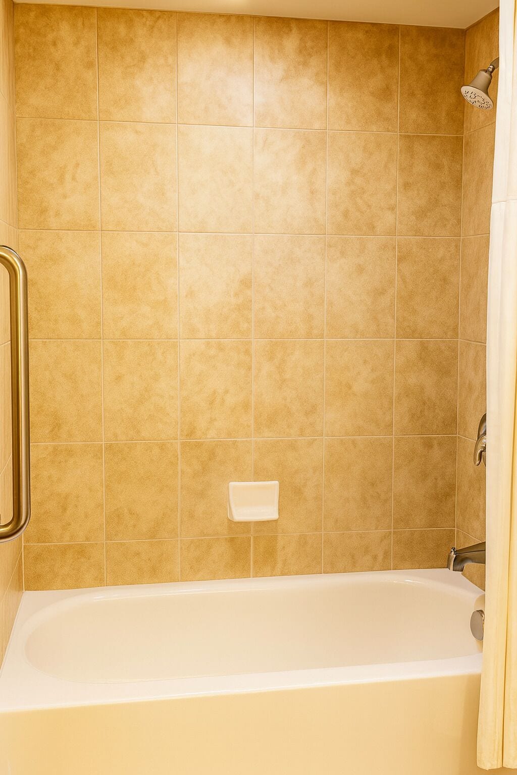 Un baño con azulejos color beige, una bañera blanca y una ducha con cabezal de ducha manual.