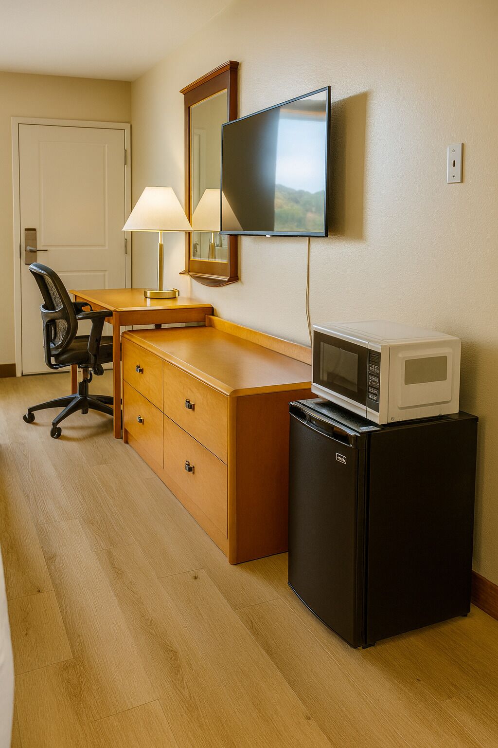A compact hotel room with a wooden desk, a chair, a dresser, a microwave, and a television mounted on the wall.
