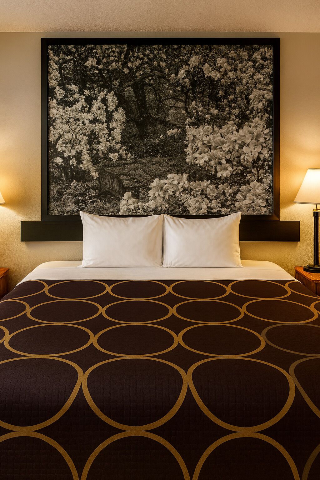 Ein Hotelzimmer mit einem großen Bett, einem gerahmten Schwarz-Weiß-Blumenbild über dem Bett und zwei Nachttischlampen.