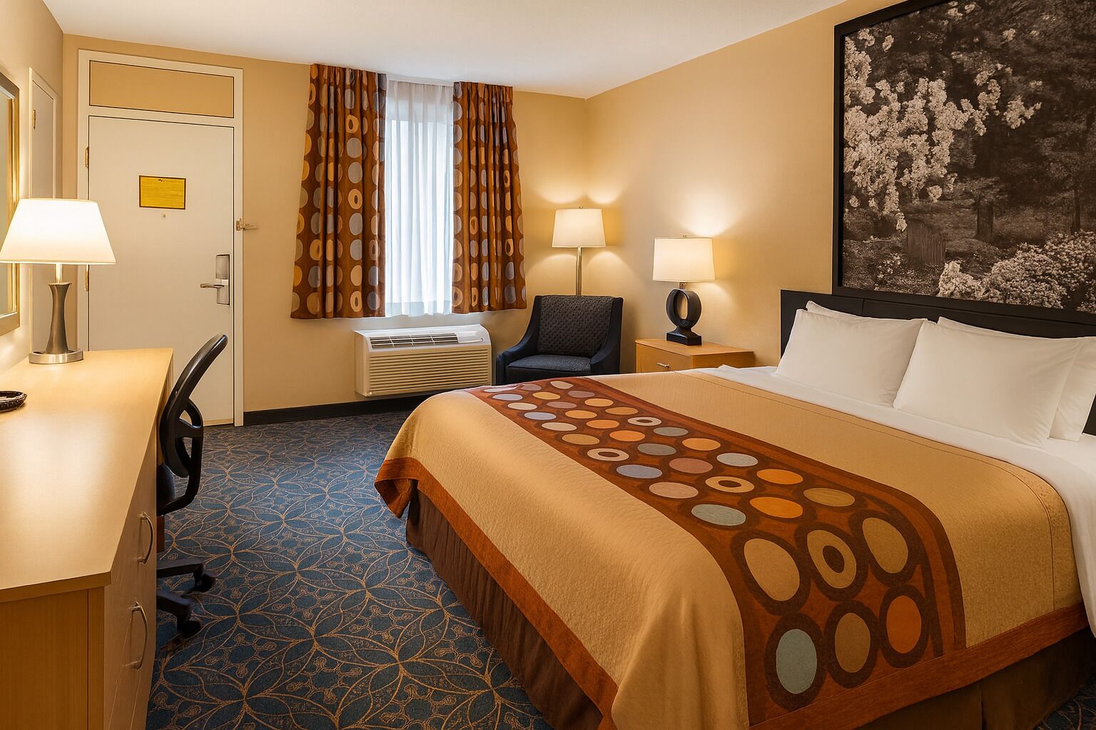 Una habitación de hotel con una cama, dos lámparas de noche, un escritorio con lámpara, una silla y un cuadro grande en la pared.