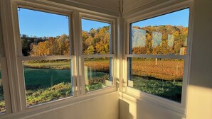 Ein Zimmer mit drei großen Fenstern mit Blick auf einen Wald und offene Felder.