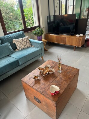 TV connectée, cheminée, livres, chaîne hi-fi