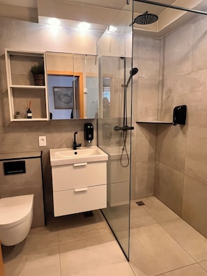 Shower, hair dryer, towels, soap