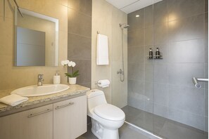 Secadora de cabello, toallas, jabón, papel de baño