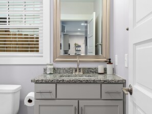 A bathroom with a granite countertop, a sink, a mirror, and a toilet. - Downtown Suite: Private Fenced Oasis (Asheville)