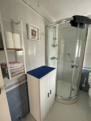 Douche, séchoir à cheveux, serviettes fournies, savon