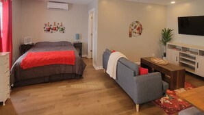 Een moderne slaapkamer met een bed, een bank, een televisie en een klein tafeltje.