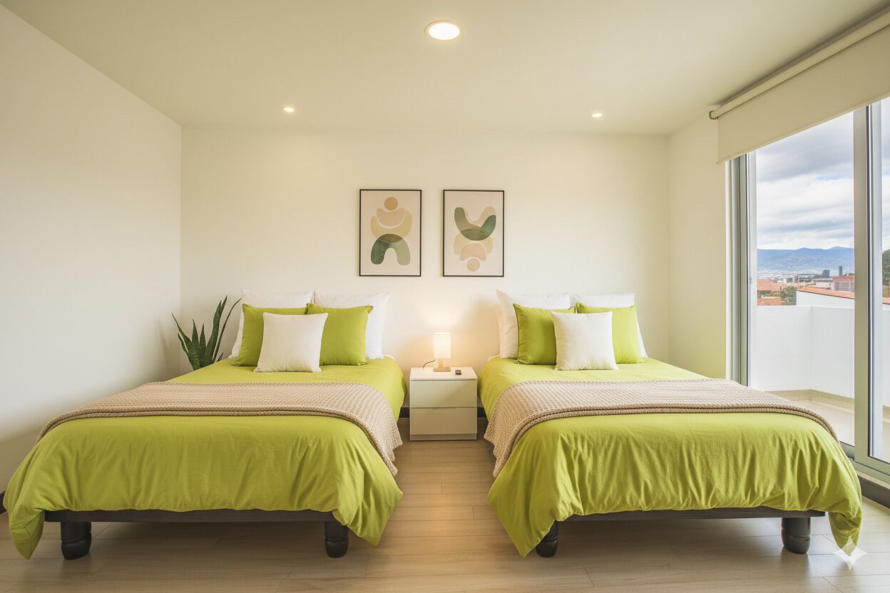 A hotel room with two beds, a nightstand, a lamp, and a large window with a city view.
