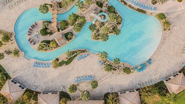 An aerial view of a resort with a winding pool, sun loungers, and palm trees.