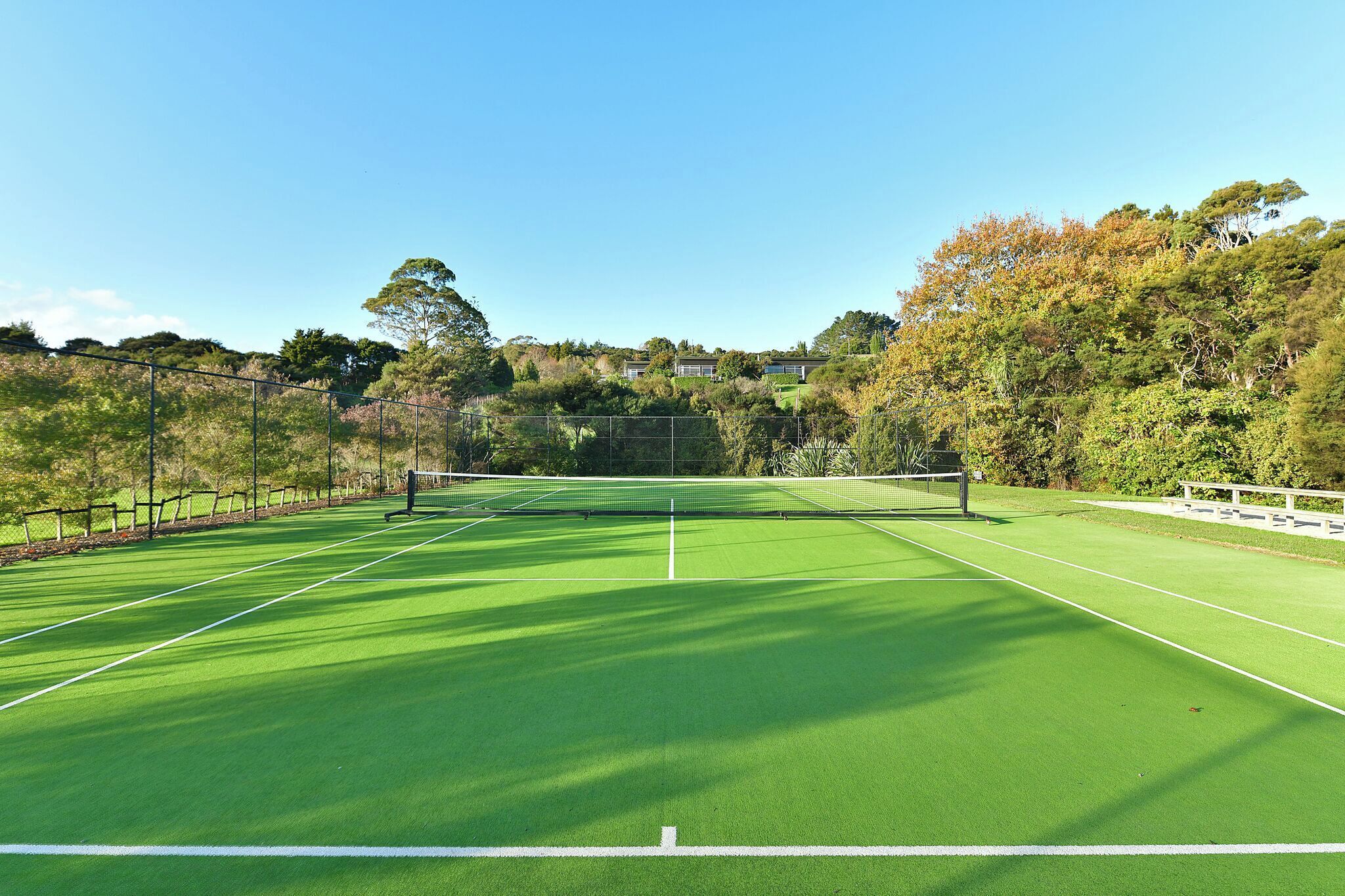 Cancha de tenis con red, rodeada de árboles y una valla.