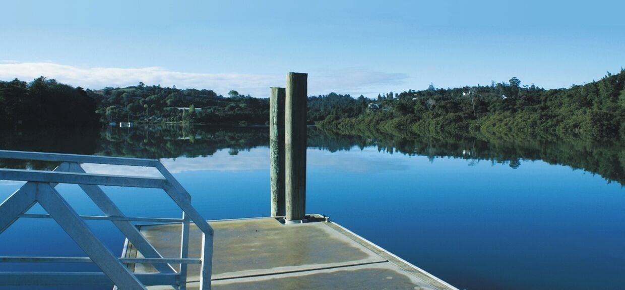 Un lac paisible avec une jetée et une échelle qui descend dans l’eau.