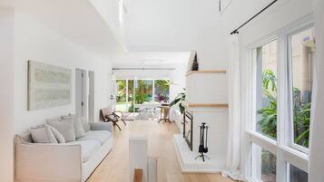 Smart TV, fireplace, books