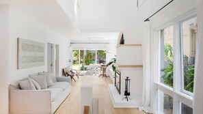 Smart TV, fireplace, books